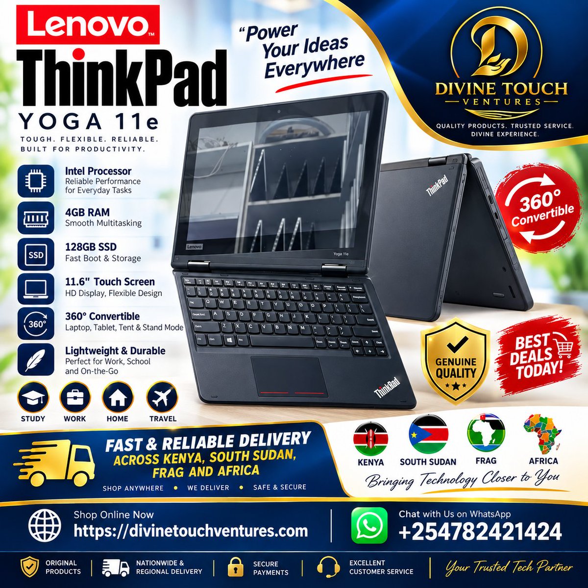 Dtouchventures's tweet photo. SPECIAL OFFER  THINKPAD YOGA 11e! 
Was $230 ❌
NOW ONLY $190 
Get the Lenovo ThinkPad Yoga 11e  compact, durable
Fast &amp; reliable delivery across Kenya 🇰🇪, South Sudan 🇸🇸, &amp; Africa 
📲 WhatsApp: +254 782 421 424
🌐 https://t.co/clW4ANwEqK⁠�
Save $40 Grab yours today #SouthSudan https://t.co/H9bY4oHx4A