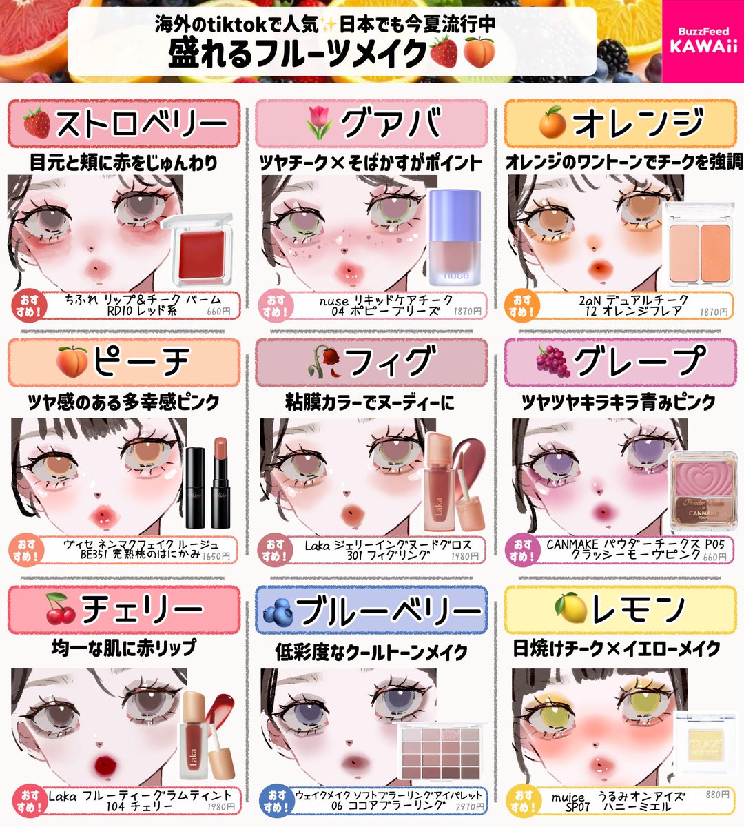 BuzzFeedKawaii's tweet photo. SNSで話題のフルーツメイクをまとめたよ🍑🍓🍌

どのメイクが気になる？コメントでおしえてね🩷 https://t.co/1gvpdM0oRF