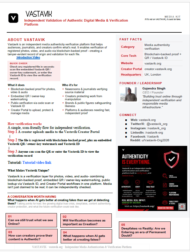 vastavik_org's tweet photo. Vastavik is an independent media authenticity verification registry that helps audiences, journalists, and creators confirm what’s real. It enables verification of registered photos, video, and audio via blockchain-backed proof—creating a tamper-evident record of origin and validation for each file.
