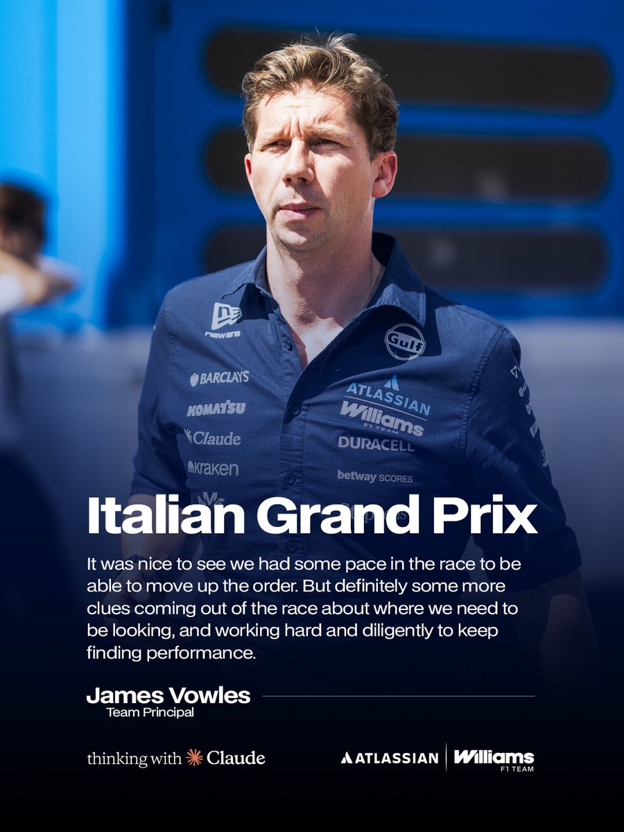WilliamsRacing's tweet photo. JV debriefs Monza 🗣️

Thinking with @claudeai  🧠 https://t.co/XzbK7dZFji