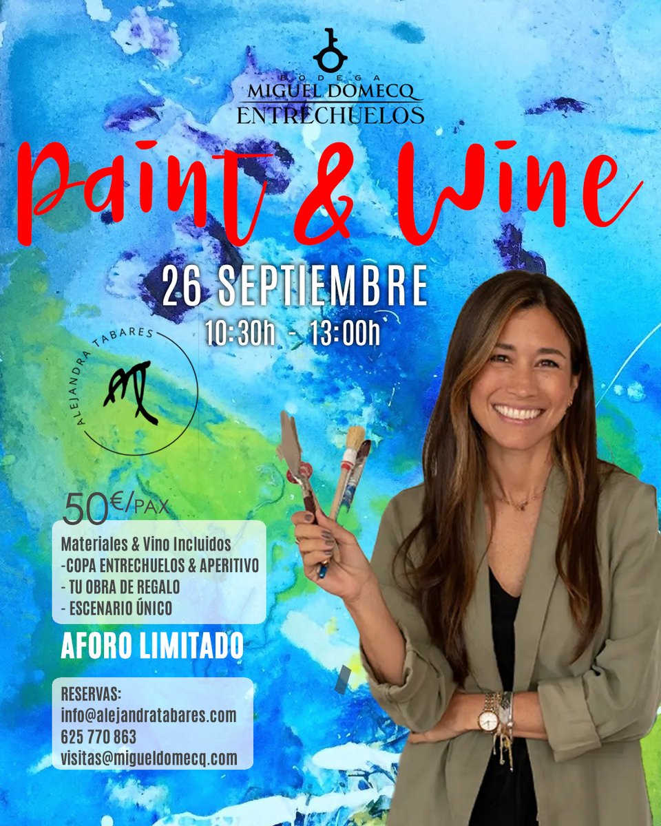 AETCadiz's tweet photo. Arte, vino y enoturismo en una experiencia diferente.

Por el Día Mundial del Turismo, Alejandra Tabares organiza Paint &amp; Wine, un taller para pintar con vino en Bodegas Miguel Domecq

📅 26 septiembre | 10:30 h
🎟️ 50 € | 📲 625 770 863 https://t.co/RPO9FgbWh2