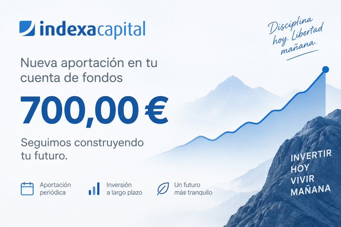 4materasu_'s tweet photo. 700€ más. Y el mes que viene, otros 700€.

Pase lo que pase en el mercado, mi aportación mensual a Indexa Capital no se negocia.

No intento acertar el mejor momento.
No espero una caída.

700€ al mes, todos los meses.

Constancia > adivinar el mercado. 📈 https://t.co/ZLcLL5F0fm