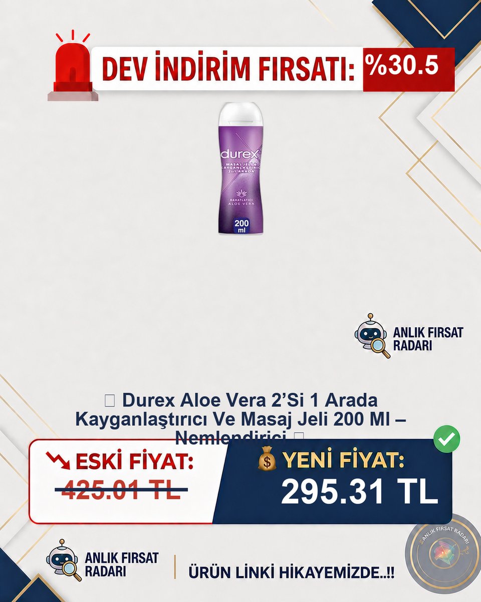 anfirsat's tweet photo. 🚨 %%30.5 DEV İNDİRİM!
📦 📦 Durex Aloe Vera 2’Si 1 Arada
Kayganlaştırıcı Ve Masaj Jeli...
📉 Eski: 425.01 TL
💰 Yeni: 295.31 TL
🔗 Fırsat Linki: https://t.co/Pd7ll6NOJ1
#Durex #AloeVera #Kayganlaştırıcı https://t.co/TxNQKfenYo