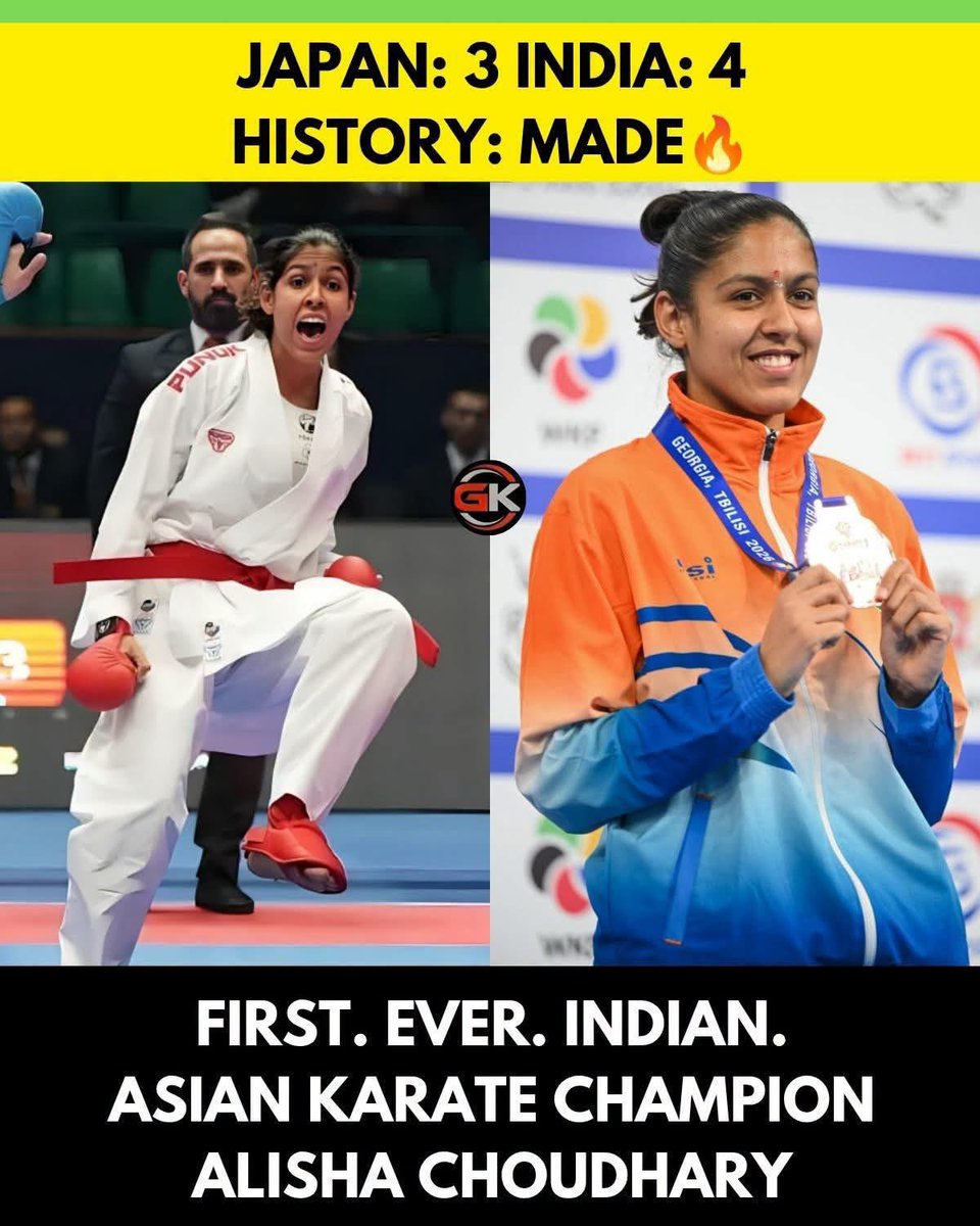FalconUpdatesHQ's tweet photo. HISTORY MAKER! 🇮🇳🥇

Alisha Choudhary wins GOLD at the Asian Senior Karate Championships, beating Japan’s Rina Kodo 4 - 3! 🔥

A proud moment for Indian karate! ❤️ https://t.co/BUW22r2MZK