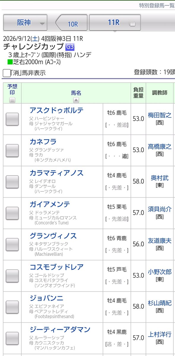 JRAVAN_info's tweet photo. 【#チャレンジカップ ハンデ】
🏇トップハンデはジョバンニらの58kg、🏇最軽量はアスクドゥルポらの53kg。🏇マテンロウゲイルは54kgとなりました。
📢 #チャレンジC https://t.co/kPkjI4WBdX