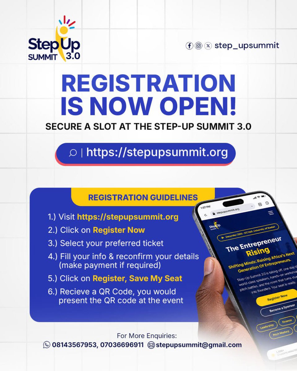 stepupsummit's tweet photo. Registration for Step-Up Summit 3.0 is OPEN! 🚀
Convened by @PreciousLijoka , get ready for Dec 2026 in Ibadan.
To register:
1️⃣ Visit https://t.co/VCvKRf9UQU
2️⃣ Click 'Register Now'
3️⃣ Fill info &amp; save your QR code for entry! 🎟️
#StepUpSummit 
#EntrepreneurRising 
#IbadanBusiness https://t.co/gIX6c7Jab7