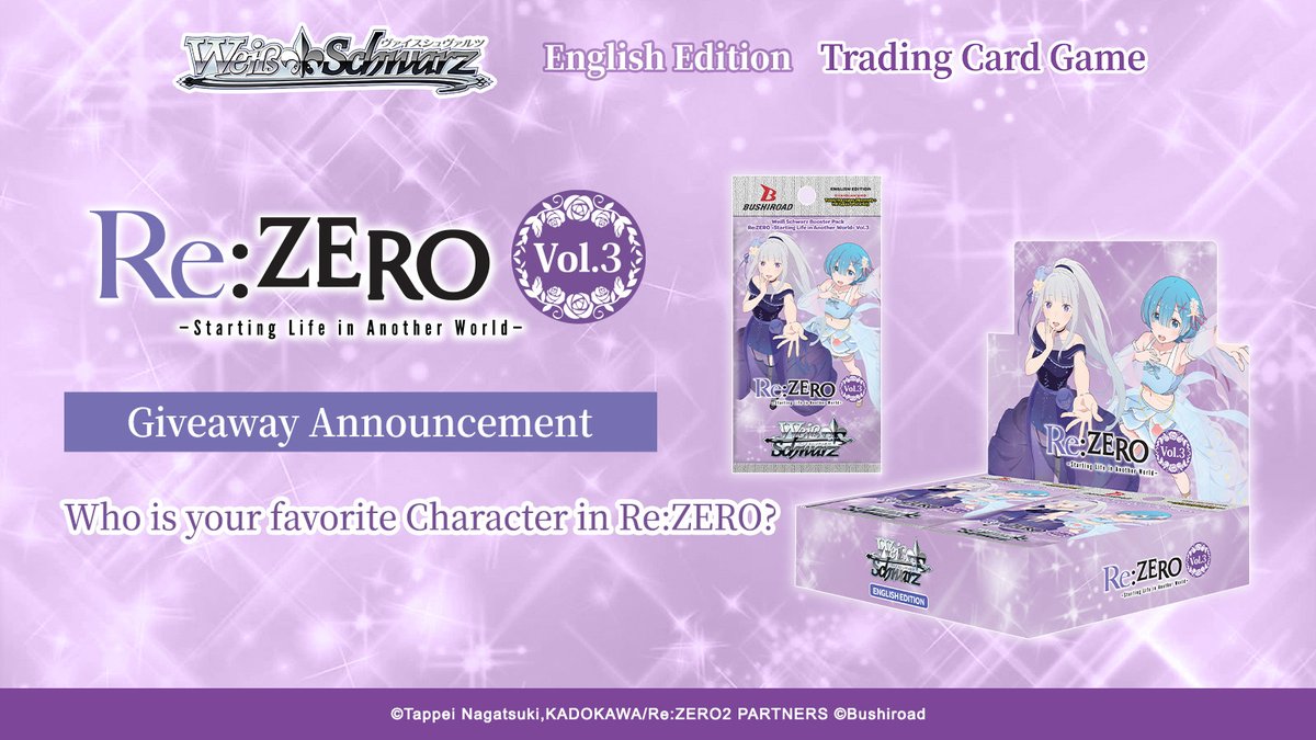 weissschwarz_en's tweet photo. Tell us who your who is your favorite Character in Re:ZERO, and stand a chance to win yourself a Booster Box for Re:ZERO -Starting Life in Another World- Vol.3!⁠
⁠
🔗 https://t.co/EzRQdr7oWE
⁠
#WeissSchwarz #TCG #rezero https://t.co/TchEYgFEP4