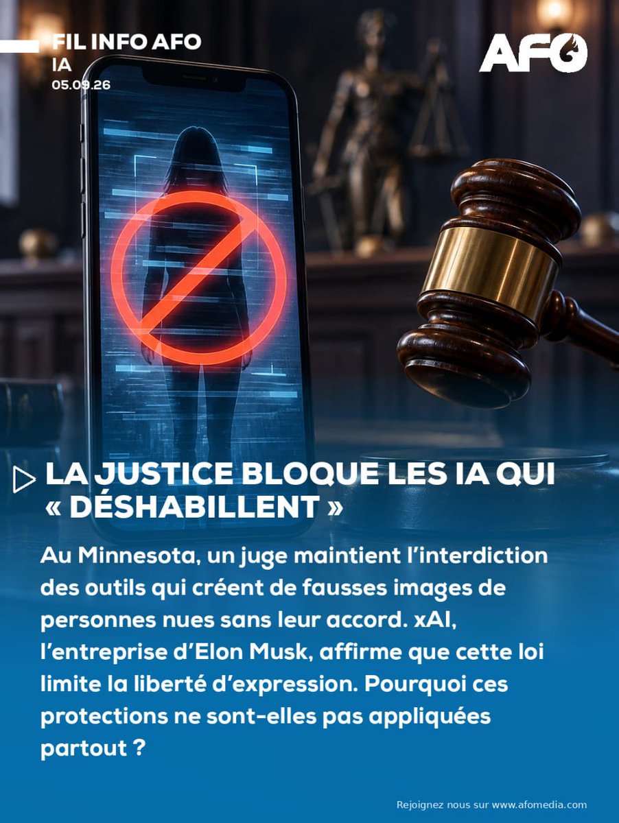 alainfoka2005's tweet photo. La justice bloque les IA qui déshabillent. | FIL INFO sur https://t.co/OQFu7o9FIJ
TĂ©lĂ©chargez gratuitement lâapplication mobile AFO MEDIA disponible sur AppStore et Playstore : https://t.co/W1GwUVOhOG
#Ethique #IA #AlainFoka #AfoMedia #Technologie https://t.co/snt3vuu9JE