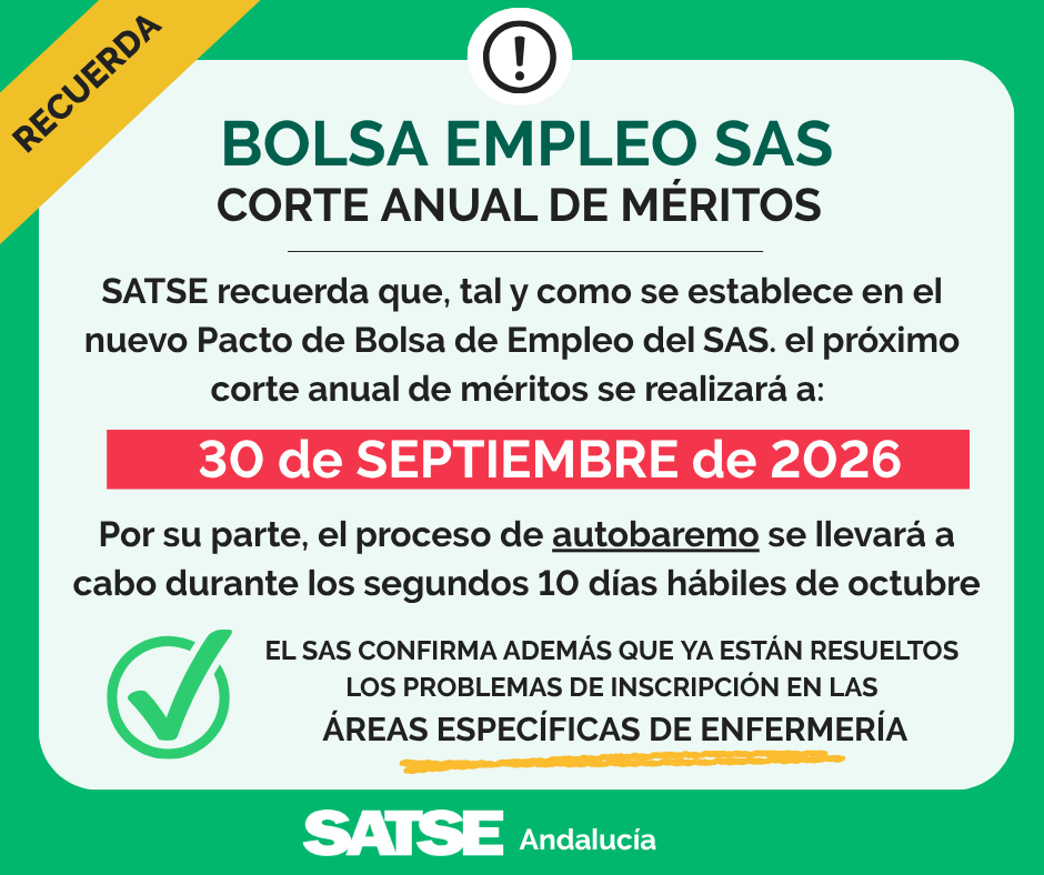 SATSE_Andalucia's tweet photo. 📅 #SATSE recuerda que el próximo corte anual de méritos de la #BolsaSAS será el 30 de septiembre de 2026
✅ El SAS confirma que ya están resueltos los problemas de inscripción en Áreas Específicas de Enfermería.
🔔 La inscripción en Bolsa es abierta y permanente. https://t.co/f8ovHQ6C26
