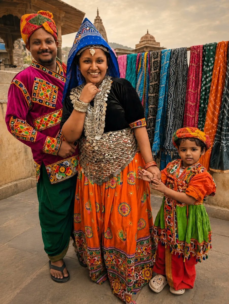 HermanMillwee's tweet photo. A family in traditional Rajasthani attire poses amid vibrant colors, embroidery, and silver ornaments. In Rajasthan, clothing reflects region, community, and celebration. https://t.co/bd7XZRvpSJ