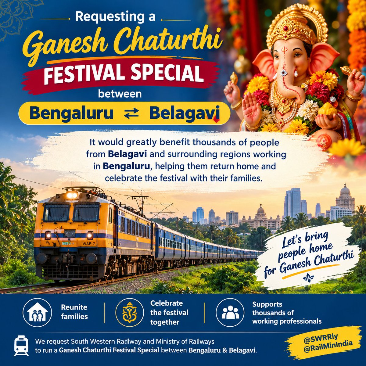 BelagaviRailway's tweet photo. Requesting a Ganesh Chaturthi Festival Special between Bengaluru &amp; Belagavi.
It would greatly benefit thousands of people from Belagavi and surrounding regions working in Bengaluru, helping them return home and celebrate the festival with their families.
@SWRRly @RailMinIndia https://t.co/bqADwH3AAR