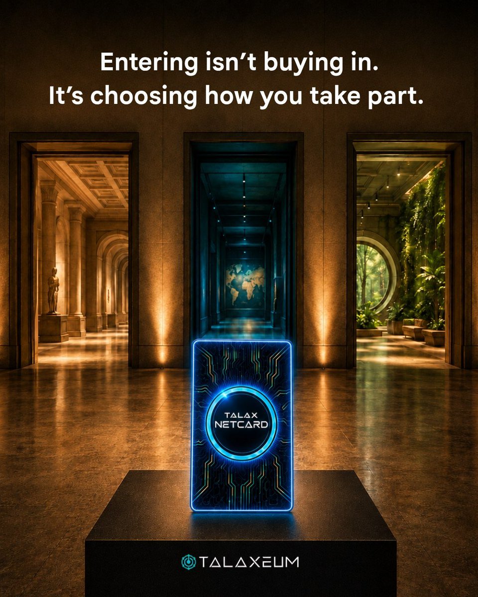TalaxeumEco's tweet photo. Every door leads somewhere, but the choice of where you belong is yours. ↔️ 

Entering isn’t about what you buy or what you hold. It’s about choosing how you take part, connect with people, share ideas, discuss what matters, and contribute to the ecosystem as it evolves.

That’s the idea behind the TALAX NetCard, your starting point within an evolving ecosystem shaped by participation and identity.  

The art can be yours. The cause can be yours. The participation is yours. 

Talaxeum, the birth of the Participation Economy.
Step into it!

→ https://t.co/XLKBOgAaG5