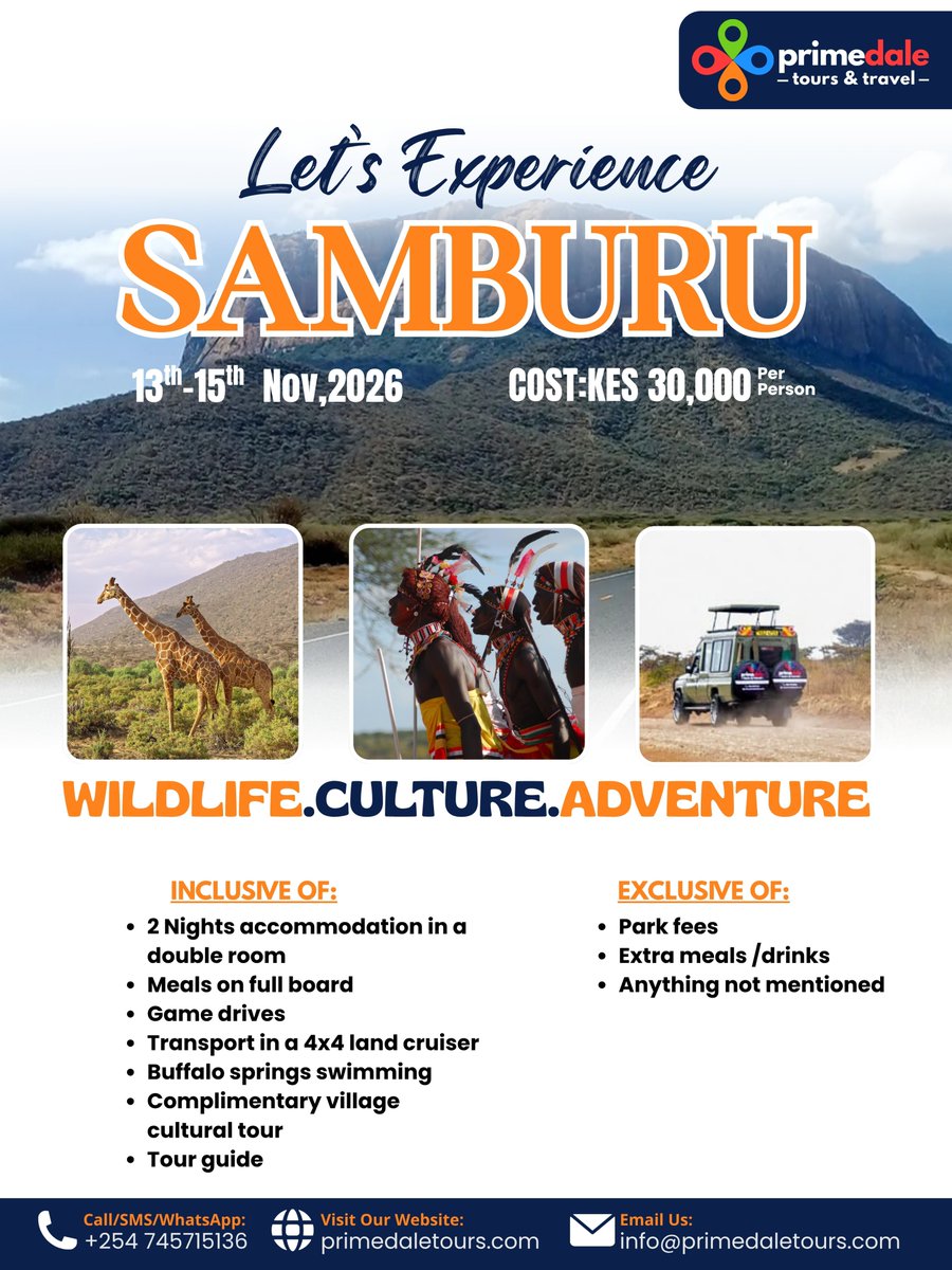 primedaletours's tweet photo. SAMBURU TRIP – 3 DAYS | 2 NIGHTS 🦒🐘✨

Join us as we explore the breathtaking Samburu National Reserve from 13th–15th November 2026 for an authentic Northern Kenya wildlife and cultural experience. https://t.co/urnbQZ2b2I