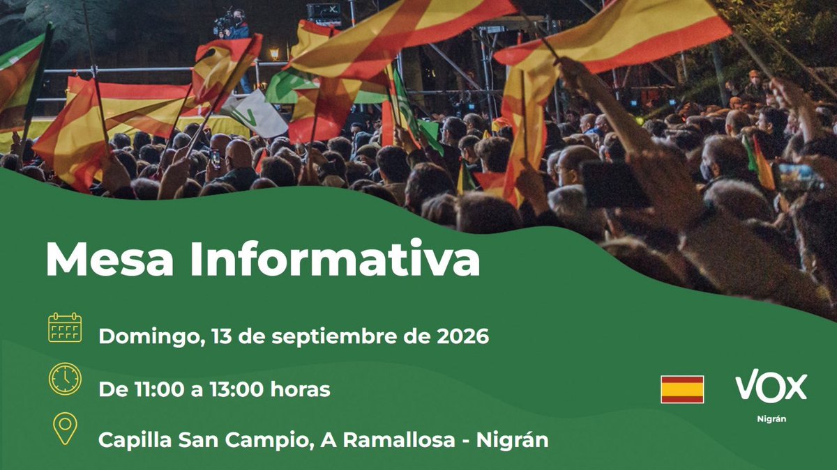 VoxPontevedra's tweet photo. 🗣️ Estaremos este domingo en Nigrán compartiendo con los vecinos nuestras propuestas para el municipio. ¡Pásate a conocernos y a charlar con nosotros!
📅 Domingo, 13 de septiembre
⏰ De 11:00 a 13:00 h
📍 Capilla de San Campio, La Ramallosa (Nigrán)
¡Te esperamos! 🇪🇸 #Nigrán https://t.co/ES3haH4h5u