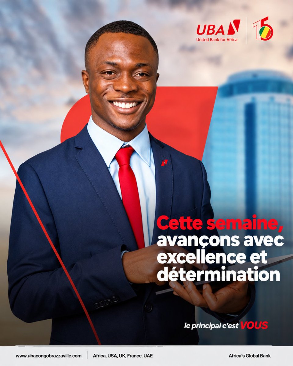 UBACongo's tweet photo. 💪🏽MONDAY MOTIVATION! 

Une nouvelle semaine commence, avec de nouvelles opportunités de faire la différence.

Chez UBA, nous croyons que chaque défi est une occasion d’aller plus loin, d’innover et de créer davantage de valeur pour nos clients.

Cette semaine, avançons avec ambition, excellence et détermination pour transformer chaque opportunité en réussite.

Excellente semaine à tous !

#UBACongo #MondayMotivation #UBA #NewWeek #Excellence