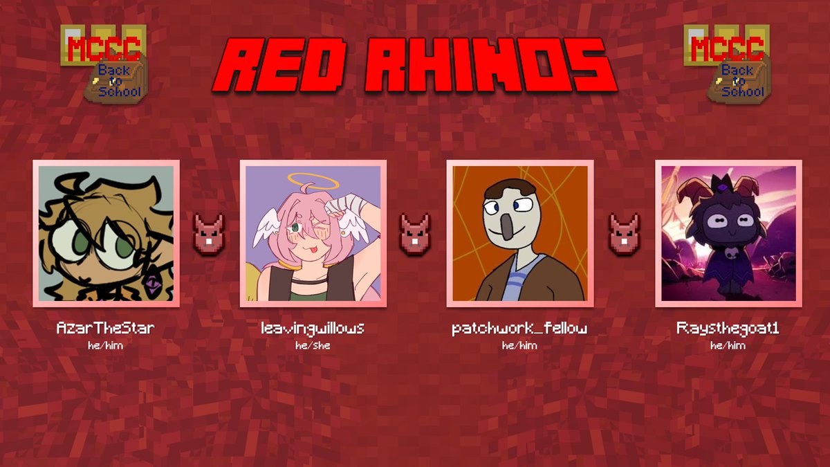 mccharitycompet's tweet photo. Charging onto the scene are the ❤️RED RHINOS!!!❤️

@AzarTheStar | @leavingwillows | @PatchworkFella | @raysthegoat1 

Catch them live on the 20th September, at 18:30 BST!!! https://t.co/DEg2nZ5rIR