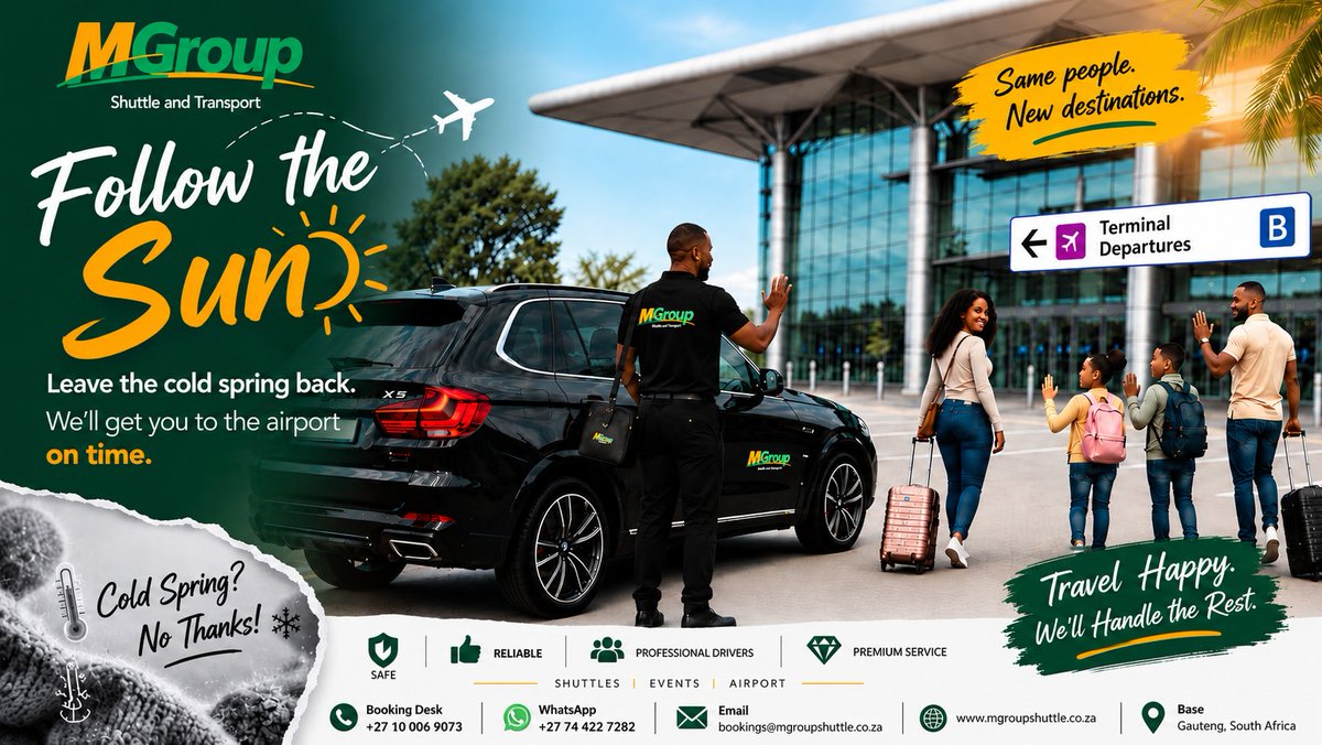 mgroupshuttle's tweet photo. Life's too short for chilly spring mornings, let's go chase the sun!  Whether you're tuned into #MarriedAtFirstSightMzansi, discussing #Obren, or sharing #LoveFNB while booking your getaway, we’ve got your ride to the airport covered.

#mgroupshuttle #fypシ゚ #trendingreels #airport
