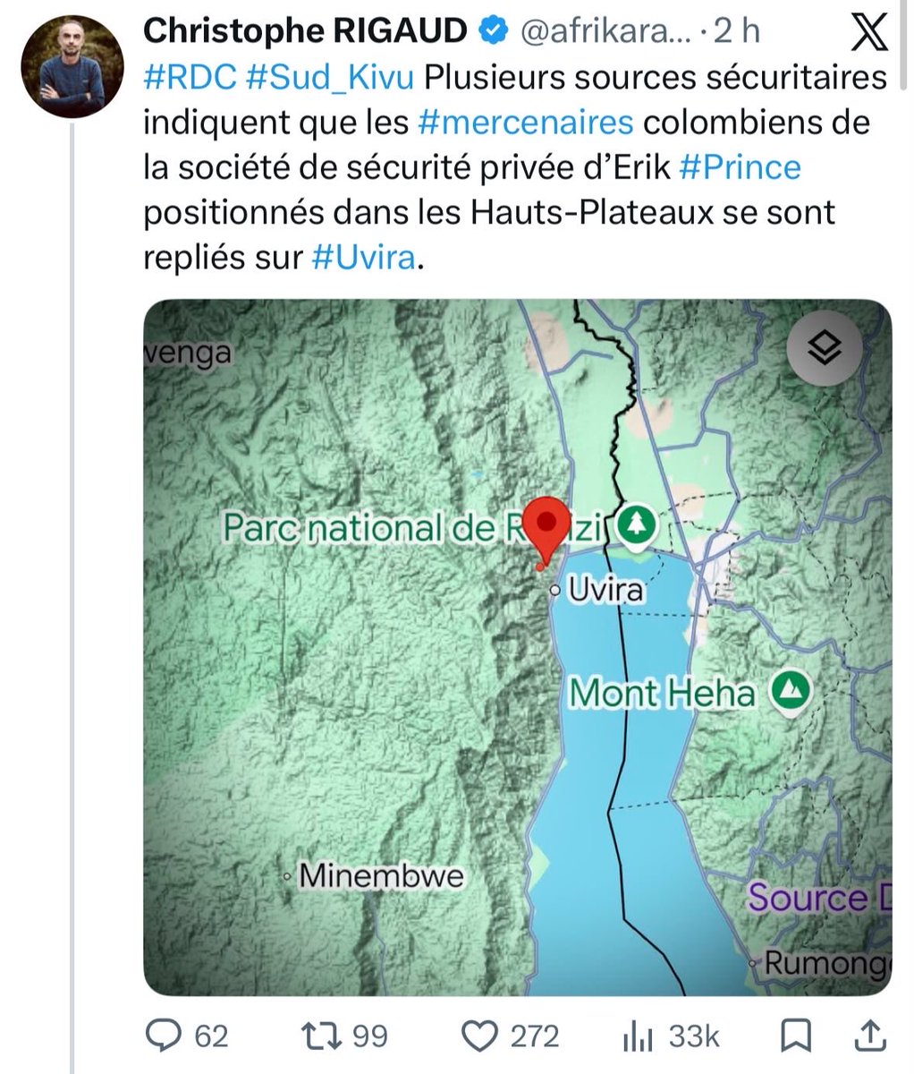 TEDDYMAZINA's tweet photo. #RDC #Sud_Kivu #AFC_M23_Twirwaneho

Les mercenaires Blancs (américains, colombiens…) de la coalition gouvernementale de #Tshisekedi, sont en fuite vers #Uvira, face résistance de l’#AFC_M23_Twirwaneho.
Leur dernière base arrière et lieu d’évacuation n’est plus que #Bujumbura . https://t.co/MYBcq0DLC4