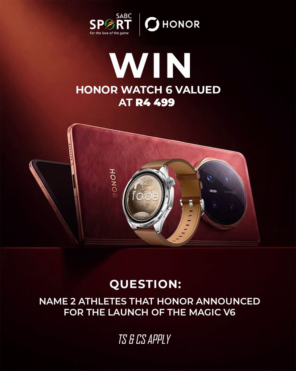 SABC_Sport's tweet photo. 🎁 WIN AN HONOR WATCH 6 WORTH R4 499! ⌚

QUESTION: Name 2 athletes that HONOR announced for the launch of the Magic V6.

💬 Comment your answer to enter!

T&amp;Cs apply.

#SABCSport #HONOR #HONORMagicV6 #Giveaway https://t.co/QFiwBZ257o
