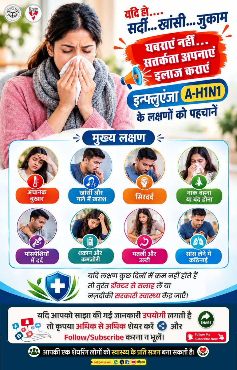 SIFPSA's tweet photo. 🌡️ लक्षण पहचानें, घबराएं नहीं— सही उपचार लें।
इन्फ्लुएंजा-A (H1N1) के लक्षणों को नजरअंदाज न करें। सावधानी बरतें और आवश्यकता होने पर समय पर चिकित्सकीय सलाह लेकर उपचार करायें।
समय पर पहचान और सही उपचार से बेहतर देखभाल संभव है।
#InfluenzaA #H1N1 #FluAwareness
@archana_ias2014 https://t.co/ugjUL5Lc7T