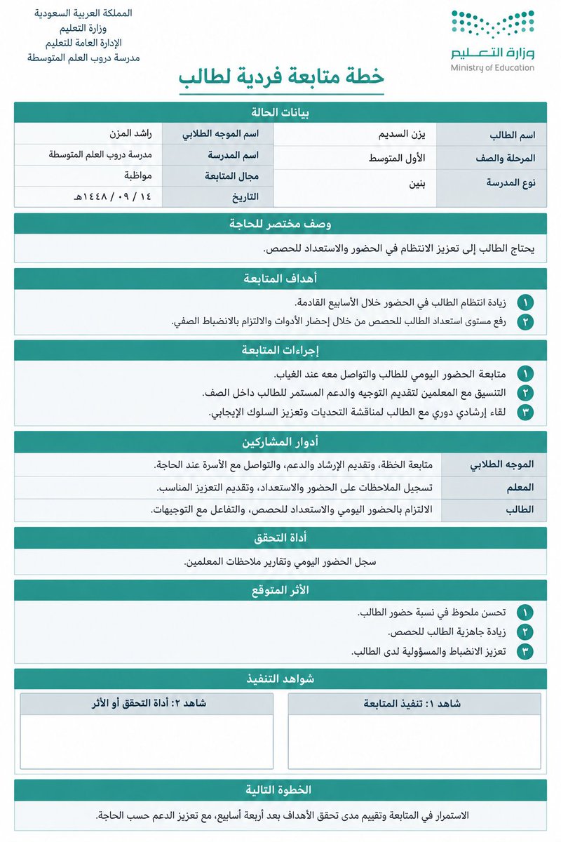 ali_alqhtani05's tweet photo. 🌟 برومبت جديد: إعداد خطة متابعة فردية لطالب

عند ملاحظة حاجة طالب إلى متابعة منظمة، يساعد هذا البرومبت على إعداد خطة واضحة تتضمن الهدف، والإجراءات، ودور المدرسة والأسرة، وأداة التحقق، والأثر المتوقع في صفحة واحدة جاهزة للتوثيق 👌

اكتب فقط الصف + مجال المتابعة + وصف مختصر للحاجة + التاريخ، واترك للذكاء الاصطناعي صياغة بقية الخطة.

مناسب مع:
ChatGPT – Gemini – Copilot – Claude – Grok

انسخ البرومبت وعدّل البيانات الأولى فقط 👇
https://t.co/UvEoCnnMdS

#وزارة_التعليم #التوجيه_الطلابي #الموجه_الطلابي #متابعة_الطلاب #نماذج_مجانية #الذكاء_الاصطناعي