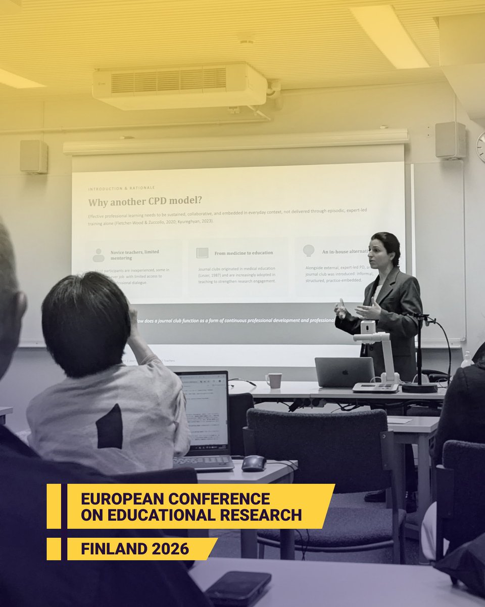 AMAA_Armenia's tweet photo. Dr. Hasmik Kyureghyan, Head of Educational Programs at AMAA, presented at #ECER2026 in Finland. 

Her research explored how journal clubs help novice early childhood teachers connect research with practice, reflect, and learn together supporting evidence-informed education. https://t.co/IH11sZ25KT