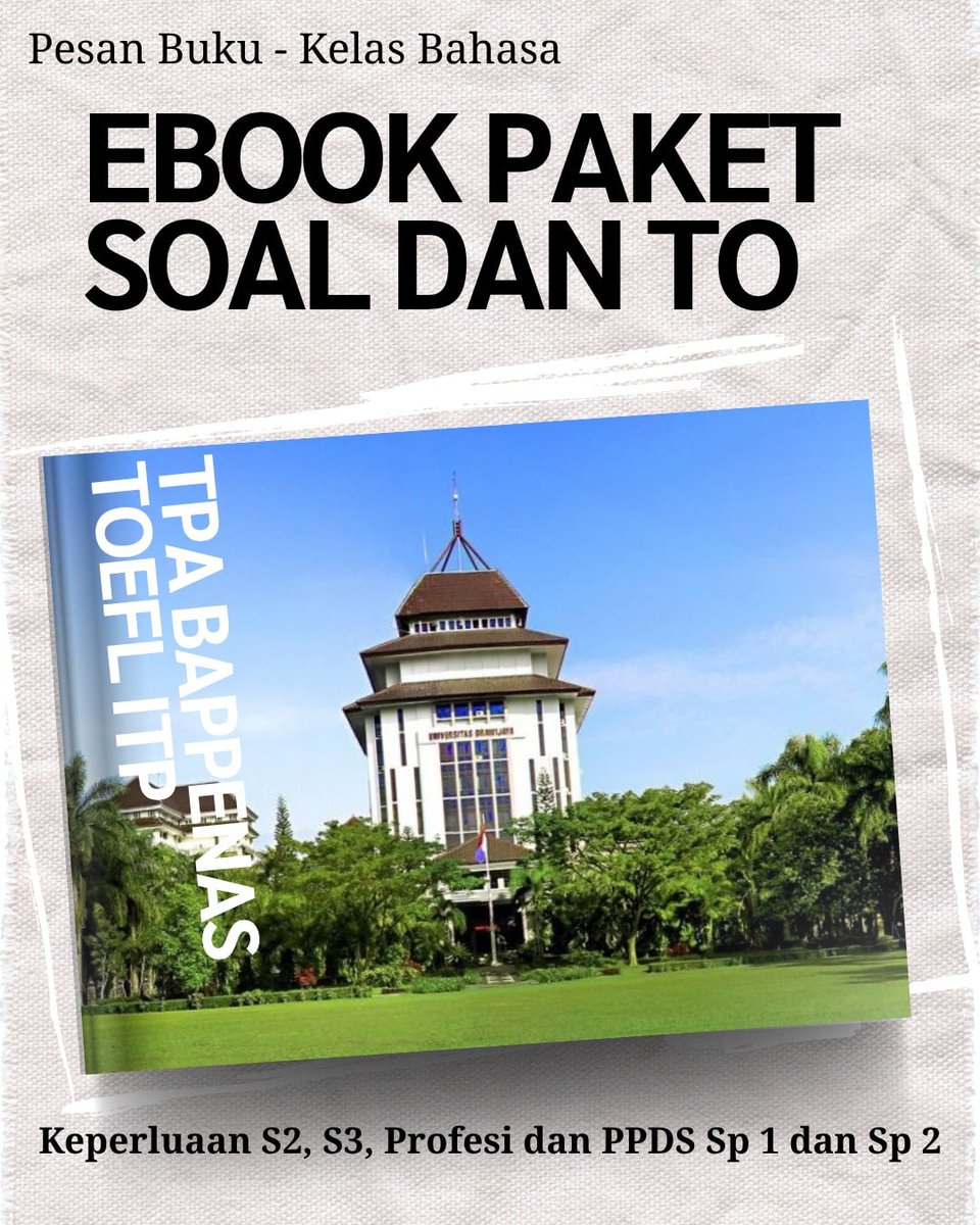 pesanbuku17's tweet photo. Preview Paket Soal dan TO TPA dan TOEFL/BEPT UB 2026
https://t.co/tWRPR7zAsf
#kelasbahasa #SMUBUB #UB https://t.co/vdzdQkg0n5