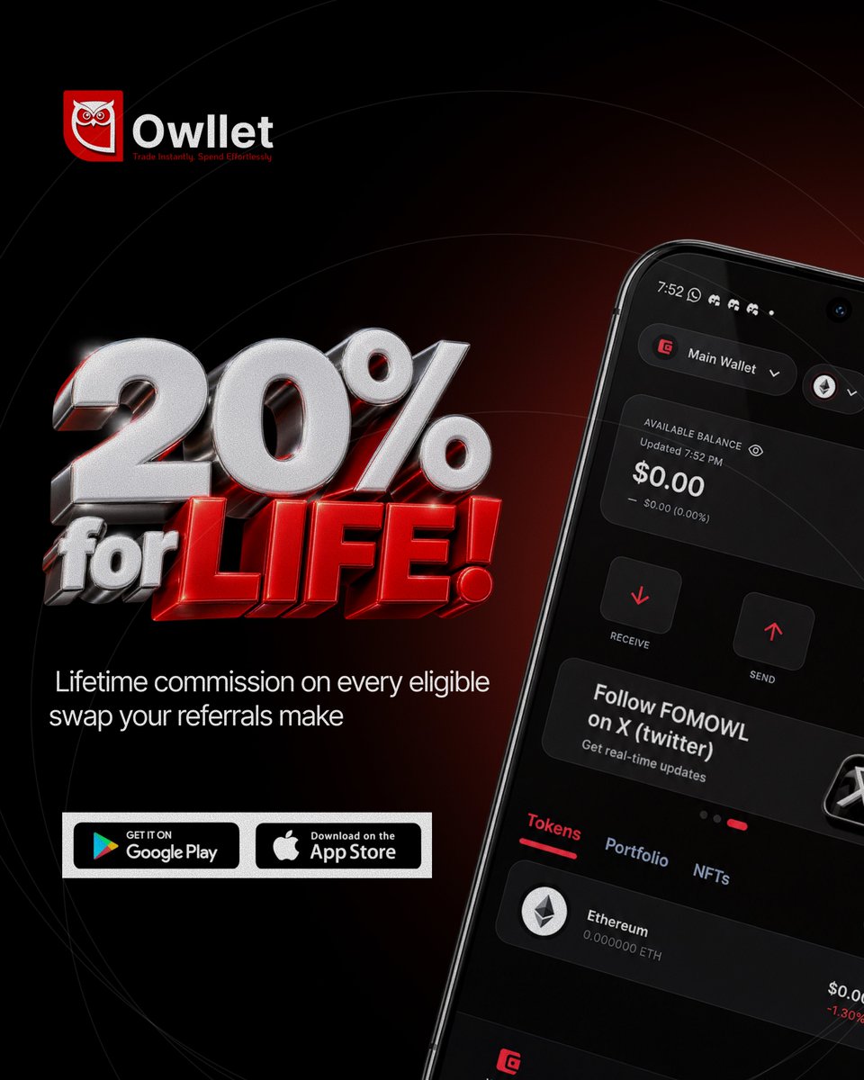 GreatnessVibes1's tweet photo. 20% FOR LIFE?!๐ฅ
You refer, They swap, You keep earning. ๐ฐ
No โcampaign ending soon.โ No starting over.
Just 20% lifetime commission on every eligible swap your referrals make.
Thatโs not just a referral program.
Thatโs Owllet thinking different.
@Owlletapp
#Owllet #FOMOwl https://t.co/hHipIGlwID