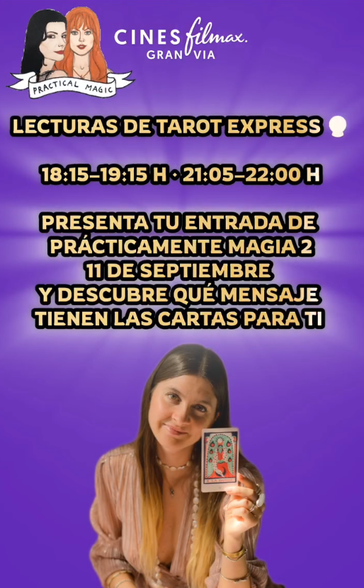 CinesFilmax's tweet photo. Para el estreno de #Prácticamentemagia2  tendremos lectura de tarot para toda la audiencia que venga a ver la película para #11DeSetembre en #cinesfilmaxgranvía2 
¿Os gustaría saber vuestro futuro? https://t.co/d8bJ5FoNpN