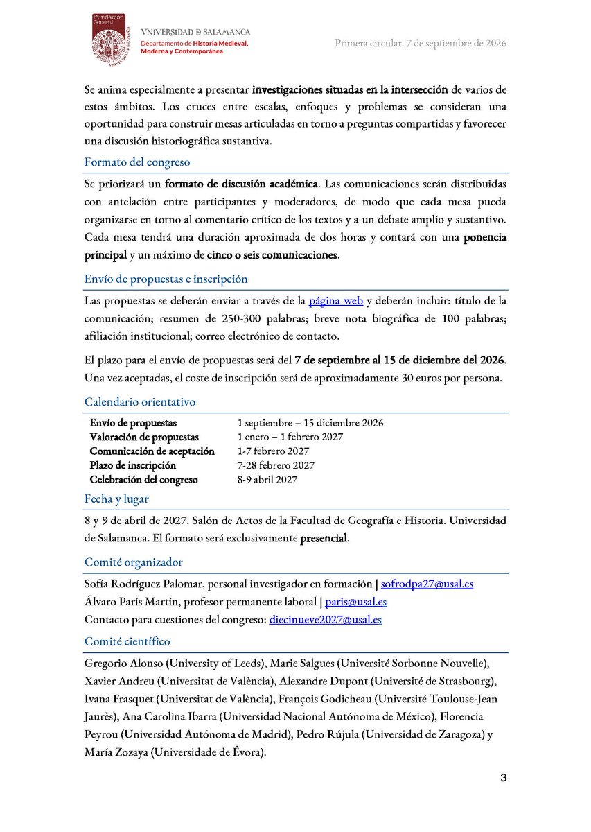 Historia_Social's tweet photo. Congreso internacional «DIECINUEVE. Nuevas miradas sobre la historia del XIX»

📅8 y 9 abril @usal 

📩Envío de propuestas hasta 15 diciembre  

Decimonónicas, ¡uníos! 
#DiecinueveCongreso

Link en el siguiente tuit 👇 https://t.co/OzLoS1khRA