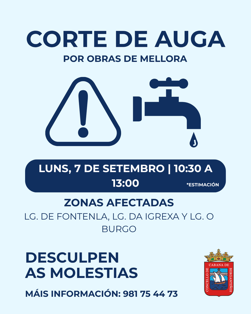 ConcelloCabana's tweet photo. 🚰 ATENCIÓN

💧 Hoxe, 7 de setembro, de 10:30 a 13:00 horas, terá lugar un corte de auga debido as obras de mellora.

🚫 Os cortes afectan a Fontenla, a Igrexa e o Burgo.

ℹ️ Para calquera aclaración, está aberto o teléfono ☎️ 981 75 44 73.

🙏 Grazas e desculpade as molestias https://t.co/1vfhTeTIV7
