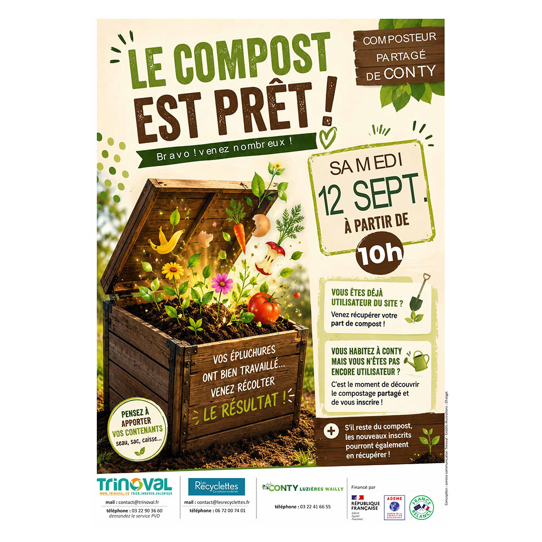TRINOVAL80's tweet photo. [#information à partager - #remise de compost]
🌱 Le compost est prêt ! Venez récupérer votre part samedi 12 septembre dès 10 h, rue des Chapeliers à Conty. 👋 Pas encore utilisateur ? Venez découvrir le compostage partagé et rejoindre l’aventure !
#CompostagePartagé #Compost https://t.co/0sqK1uk3pQ