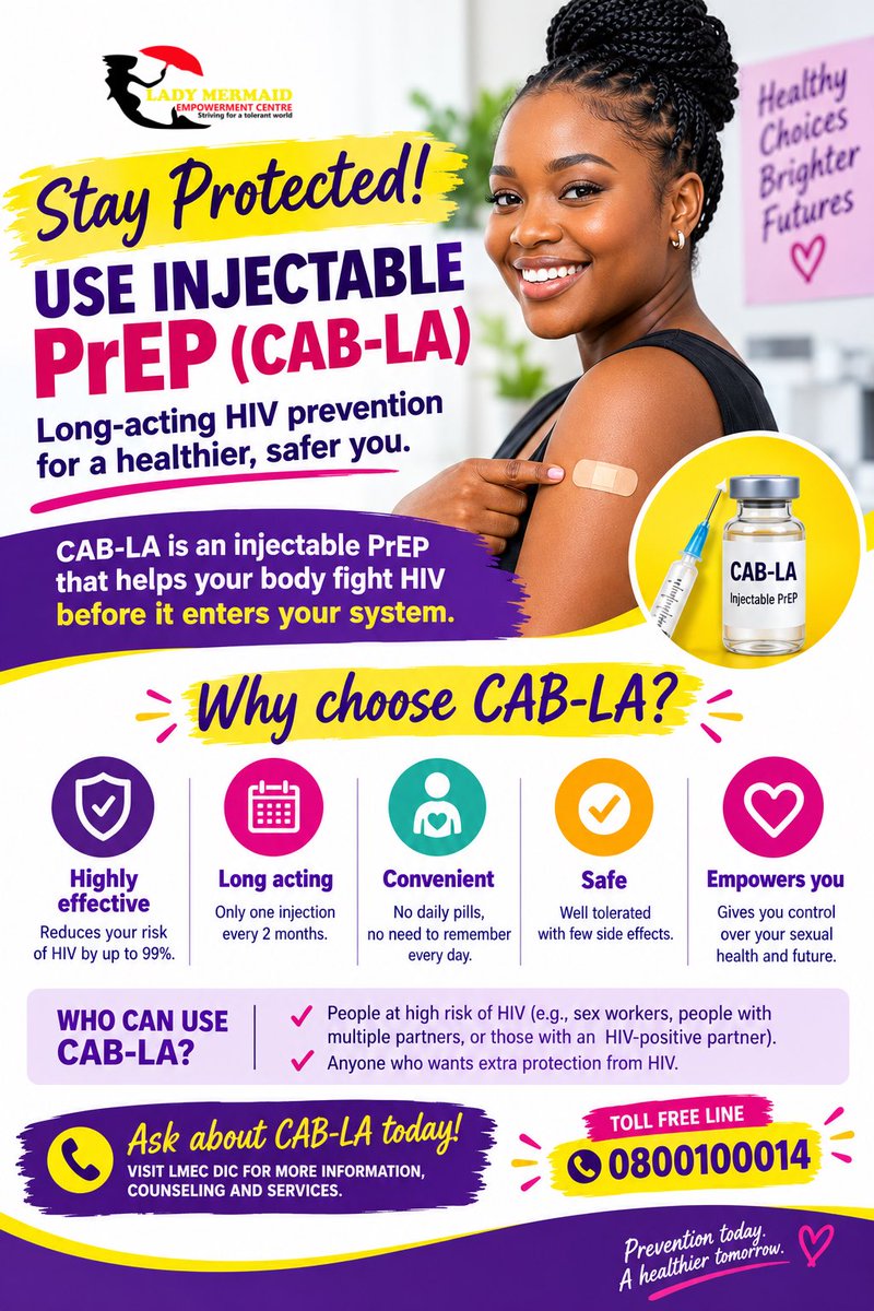 ladymermaidUg's tweet photo. Stay protected with injectable PrEP (CAB-LA)! ๐A long-acting HIV prevention option that helps reduce your risk of HIV without daily pills.
๐ Call our toll-free line: 0800 100 014 to learn more about CAB-LA and available services.
#HIVPrevention #PrEP #CABLA #EndHIV #LMEC https://t.co/RJVFznaDS6