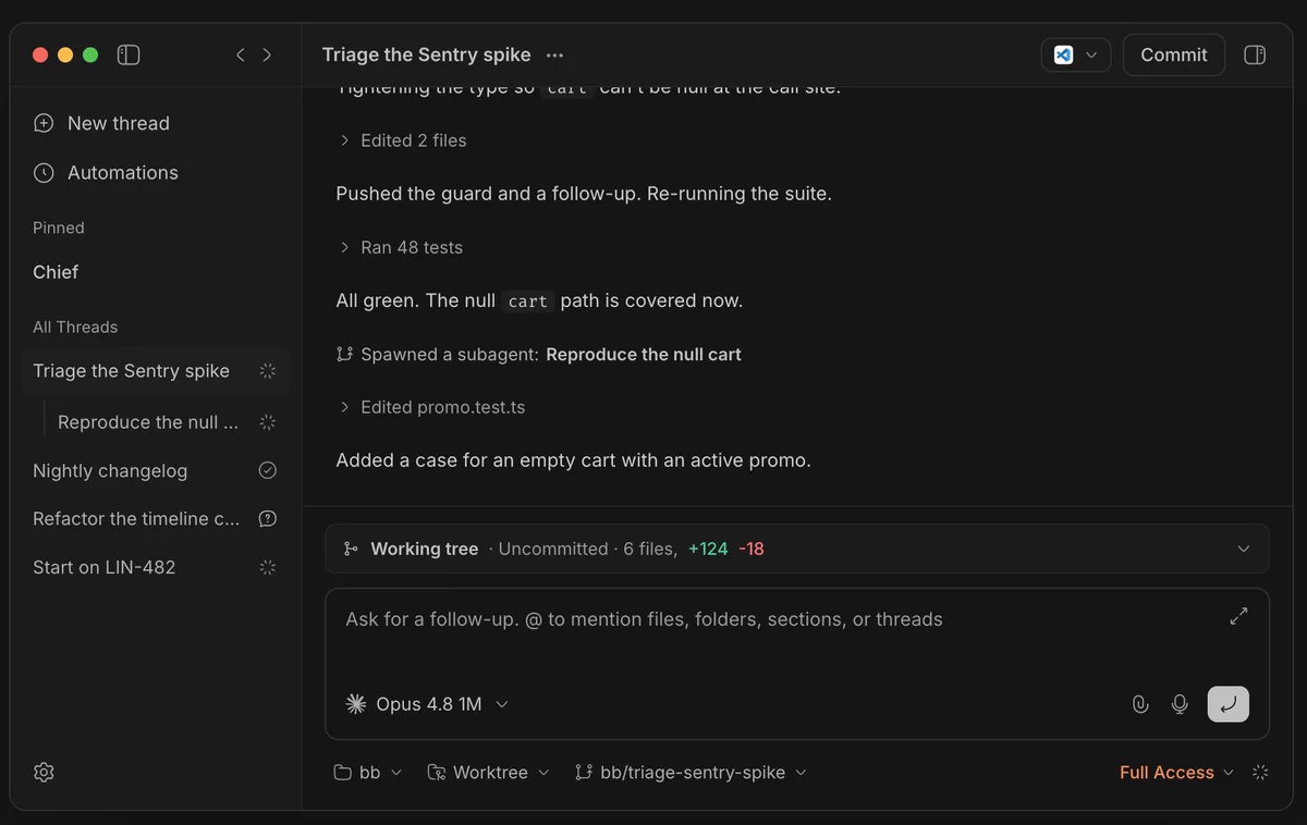 A polished dark agent orchestration interface with a narrow thread sidebar and a spacious coding transcript.