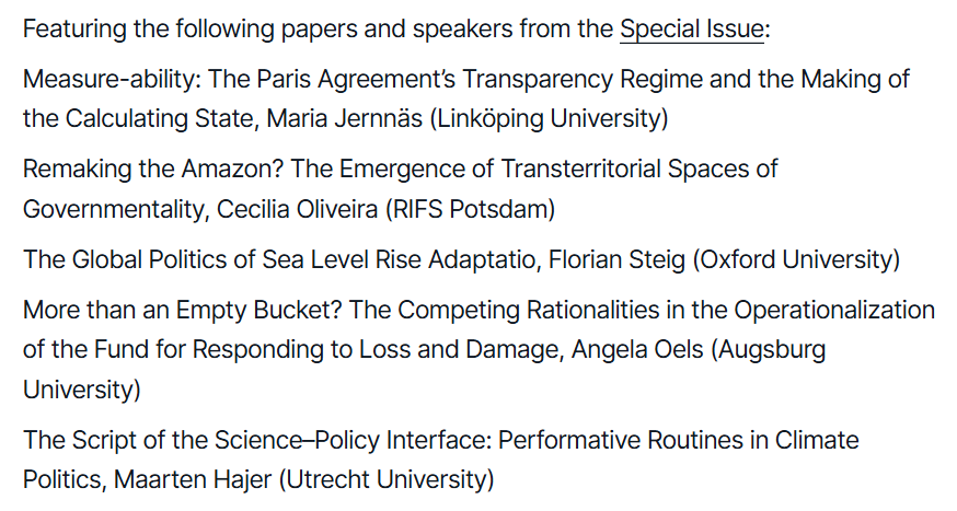BISA_ECPWG's tweet photo. Now with confirmed speakers! Online event, 30th September, 'The show must go on? Revisiting the script of international climate cooperation ten years after Paris'. 
Drawing on a new SI in GEP edited by Florian Steig, Eva Lövbrand and Angela Oels.
@MYBISA 
https://t.co/SWPJVGLw6b https://t.co/wWQ9M4xlNa