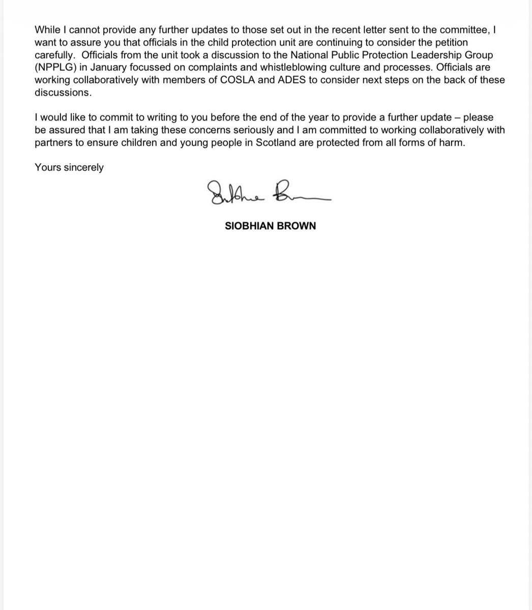 AlisonMBDickie's tweet photo. PE1979 UPDATE:  Petitioners have received the letter below from the new Minister for Children,Young People and The Promise.  Sadly, it would appear, that after 4 years (and more) of raising the serious child safeguarding issues behind the petition’s calls, that the SG are still mainly happy with the status quo! 

This is simply not good enough and is, in fact, an insult to the survivors and whistleblowers behind the petition’s calls and the many more out there. 
 
We have well highlighted the issues with the existing bodies and processes and will continue to do so.  We will also continue to call for independent investigation of allegations relating to the mishandling of child abuse concerns by public bodies and the empowering and ongoing space of an independent national whistleblowing office for education and children’s services.
 
As the new Public Petitions Committee considers our petition on Thursday (10th), it is our sincere hope that they will not simply rubber stamp the SG’s position but rather, use the fullness of their parliamentary committee powers to hold them to account and to ensure speedier progress for the petition’s calls.

Our letter to the minister and our latest submission are in the replies.

#childsafeguarding #childprotection #whistleblowing #childrensrights