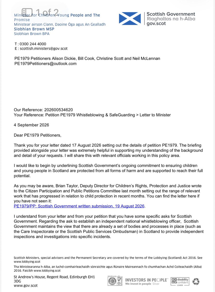 AlisonMBDickie's tweet photo. PE1979 UPDATE:  Petitioners have received the letter below from the new Minister for Children,Young People and The Promise.  Sadly, it would appear, that after 4 years (and more) of raising the serious child safeguarding issues behind the petition’s calls, that the SG are still mainly happy with the status quo! 

This is simply not good enough and is, in fact, an insult to the survivors and whistleblowers behind the petition’s calls and the many more out there. 
 
We have well highlighted the issues with the existing bodies and processes and will continue to do so.  We will also continue to call for independent investigation of allegations relating to the mishandling of child abuse concerns by public bodies and the empowering and ongoing space of an independent national whistleblowing office for education and children’s services.
 
As the new Public Petitions Committee considers our petition on Thursday (10th), it is our sincere hope that they will not simply rubber stamp the SG’s position but rather, use the fullness of their parliamentary committee powers to hold them to account and to ensure speedier progress for the petition’s calls.

Our letter to the minister and our latest submission are in the replies.

#childsafeguarding #childprotection #whistleblowing #childrensrights