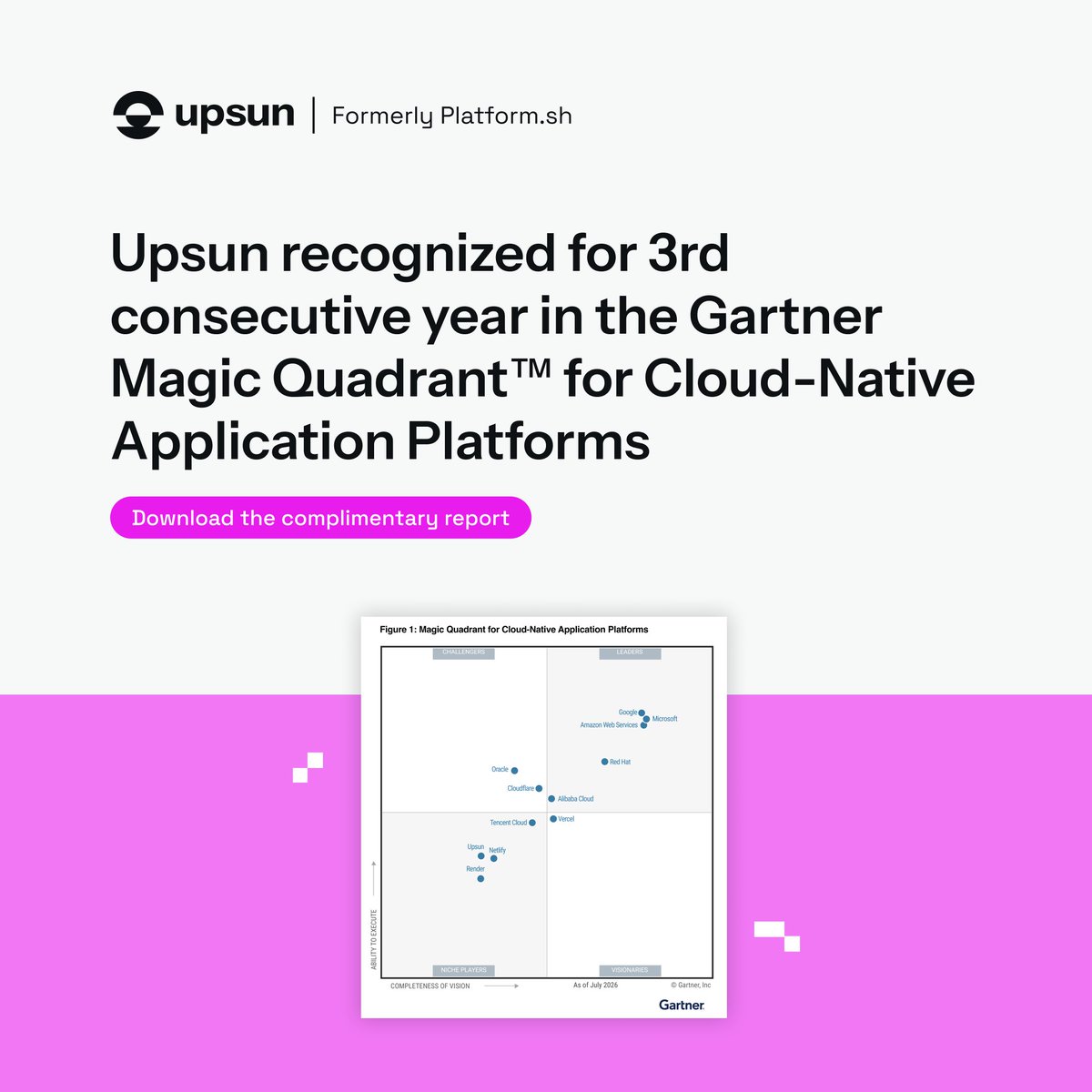 upsundotcom's tweet photo. We have done it again. 🎉 For the third consecutive year, Upsun is recognized in the Gartner® Magic Quadrant™ for Cloud-Native Application Platforms. Unlock critical insights to future-proof your cloud strategy 👉 https://t.co/Qdyepxu08w #Gartner #MagicQuadrant2026 https://t.co/MYI5rj6EC5