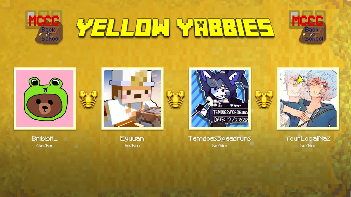 mccharitycompet's tweet photo. Scuttling along second are the 💛YELLOW YABBIES!!!💛

Bribbit_ | Eyuuan | @TemSpeedruns | YourLocalNaz

Catch them live on the 20th September, at 18:30 BST!!! https://t.co/PzViwG33HZ