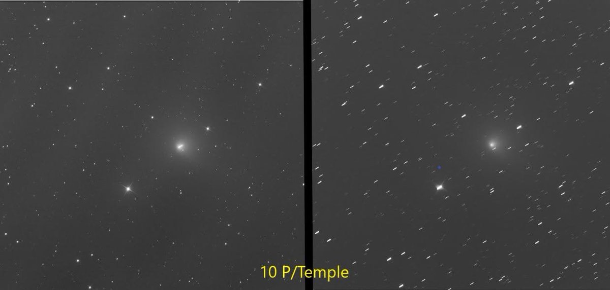f1mvp86's tweet photo. Pic du Midi de Bigorre, T50, prise rapide en 20 min de la comète 10P/Temple vers 2H du matin, entre deux changements d'objets. Deux traitements à gauche étoiles fixes, à droite comète fixe. https://t.co/5XVDkDxdc2