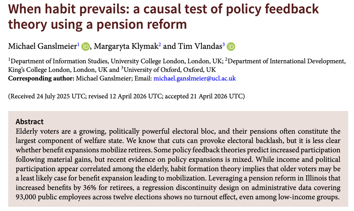 PSRMJournal's tweet photo. 👵 Do pension expansions mobilise older voters?

➡️ @GanslmeierM, M. Klymak &amp; T. Vlandas find that a 36% pension increase in Illinois had no effect on turnout, challenging expectations that material gains increase political participation https://t.co/gqKiF00mWK https://t.co/LoNr1P3MSD