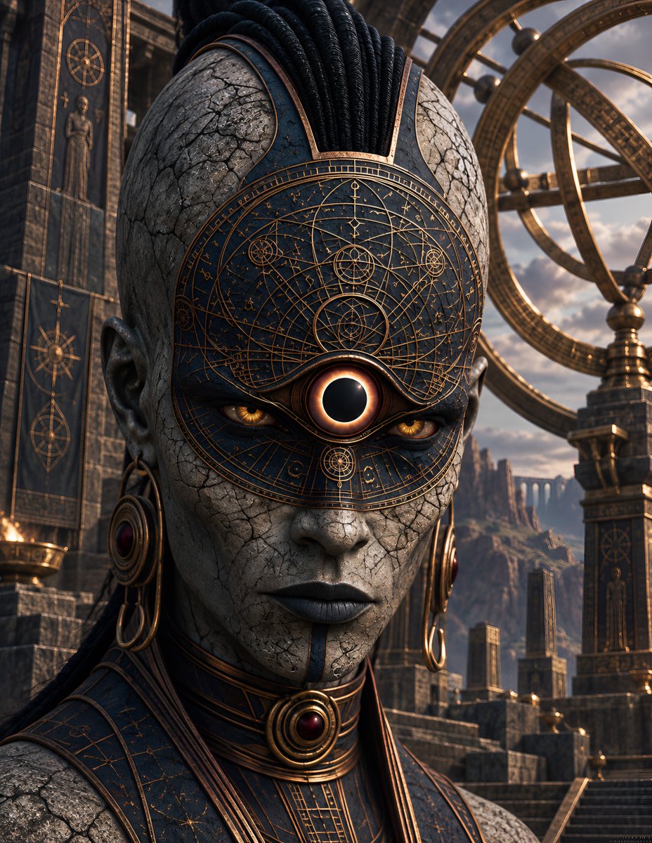 ThatsDesignArt's tweet photo. Senaq, The Eclipse Oracle 🌑

Where golden rings align in space, 🪐
An eclipse rests upon his face. 🌘
Through third eye forged of shadow light, 👁️
He reads the secrets of the night. ✨

🌑🪐🌘👁️✨

#DarkFantasy #ConceptArt #EclipseOracle #SurrealArt #DigitalIllustration #Midjourney