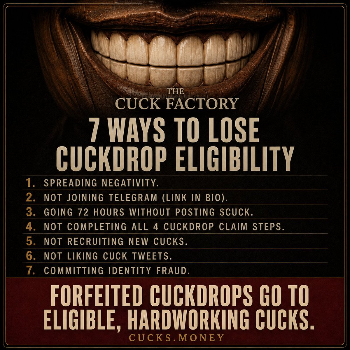 CUCK_FACTORY's tweet photo. X and Telegram are continually monitored by AI.

If you are a lazy CUCK, your allocation will be redistributed to hard working CUCKS. https://t.co/1GVDmxwQvf