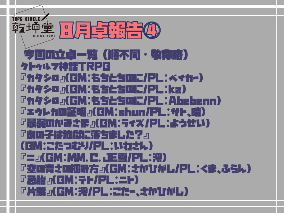 kenkon_trpg's tweet photo. こんばんは、乾坤堂です✨
8月後半卓報告です 
今回の卓報告数は 65 卓でした🎲

乾坤堂は本日から夏合宿です！生憎の大雨ですが、無事出発ができました✨沢山trpgをして遊んできます🚗³₃ https://t.co/iuMd7OCvfl
