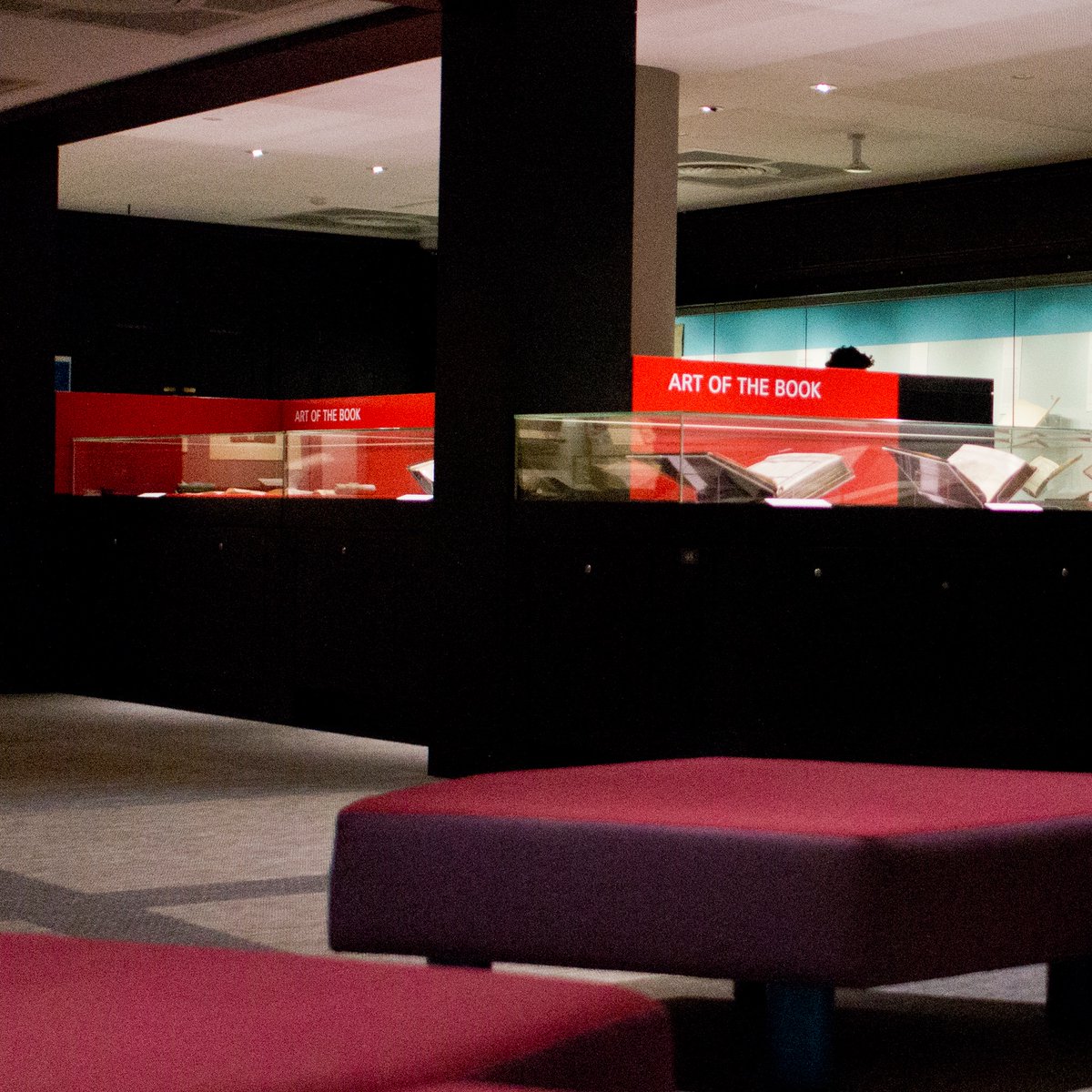 A view of display cases of the Treasures Gallery from low red seats.