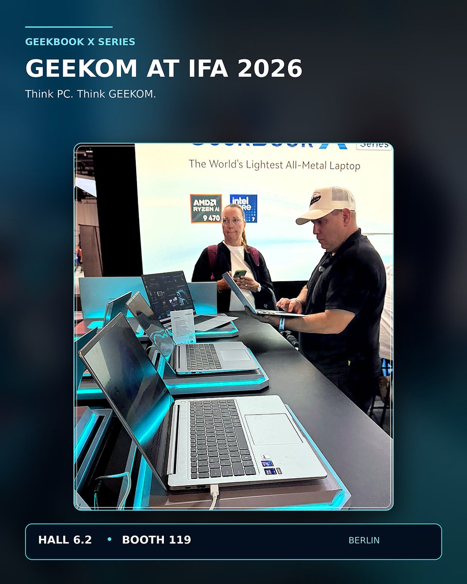 geekompc's tweet photo. Innovation for all! Berlin, here we are!

Discover GEEKOM’s latest innovations at IFA 2026, from powerful AI solutions and next-generation Mini PCs to all-new laptops.

Experience the future of computing—live at IFA!
📍 Hall 6.2 | Booth 119

#tech #IFA2026 #berlin #innovation #minipc #GEEKOM