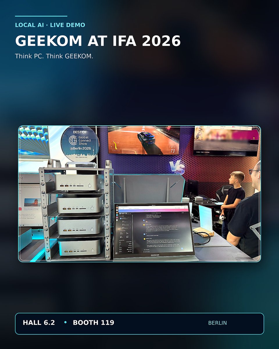 geekompc's tweet photo. Innovation for all! Berlin, here we are!

Discover GEEKOM’s latest innovations at IFA 2026, from powerful AI solutions and next-generation Mini PCs to all-new laptops.

Experience the future of computing—live at IFA!
📍 Hall 6.2 | Booth 119

#tech #IFA2026 #berlin #innovation #minipc #GEEKOM