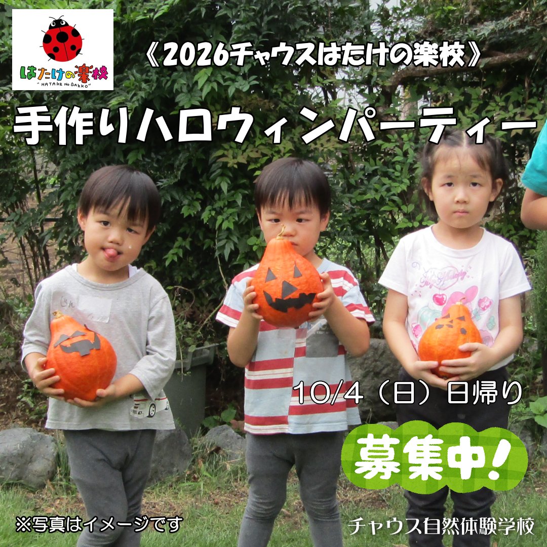 chausneos's tweet photo. 【2026チャウスはたけの楽校～手作りハロウィンパーティー】～参加者受付中！
　
畑で育てたカボチャを使って料理をしたり、飾り付けもして、みんなで手作りのハロウィンパーティー（収穫祭）をします！
　　
◆詳細はこちら
《 https://t.co/dDEwHLZrUg 》 https://t.co/aar0adFfZF