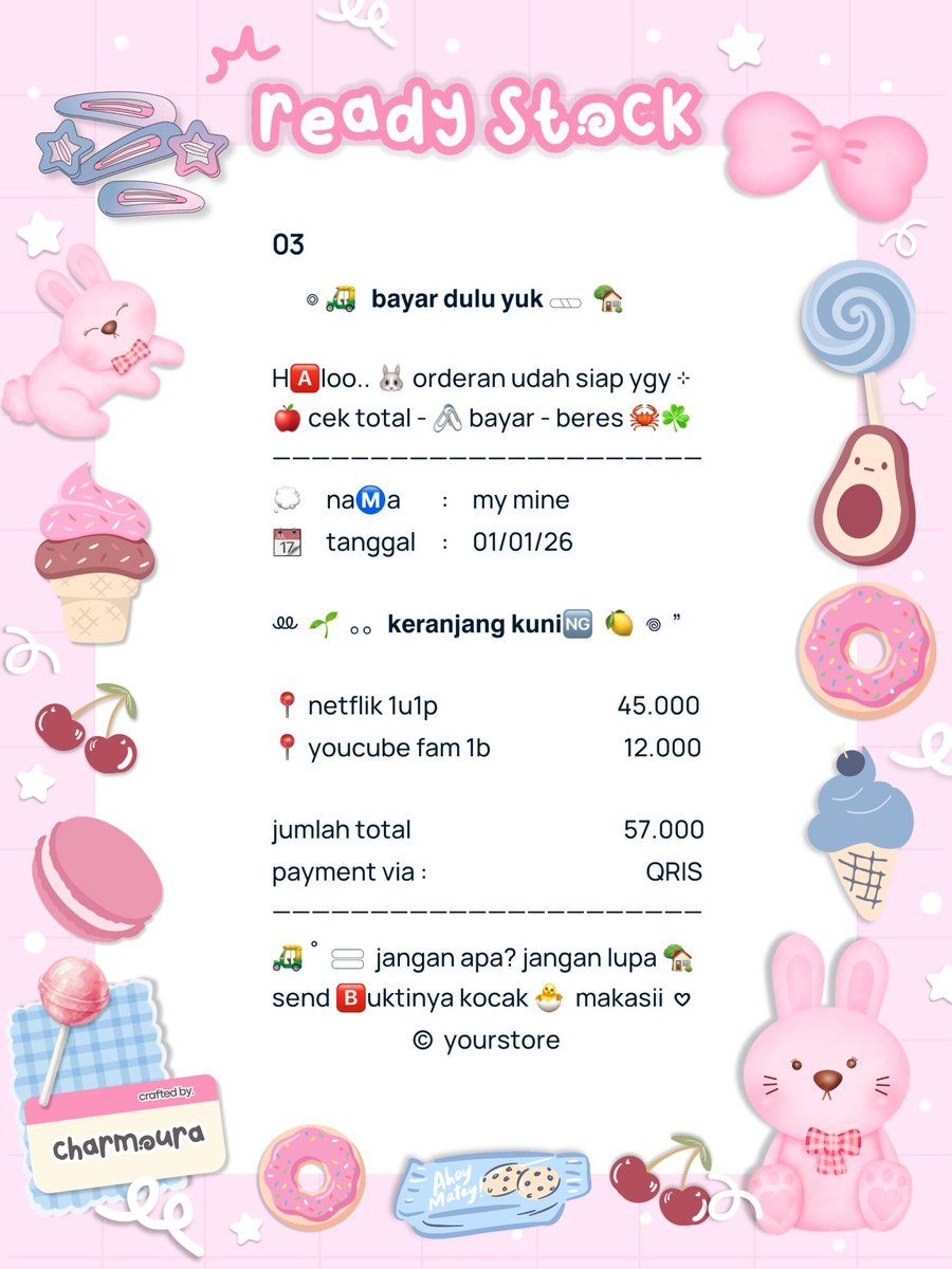 charmouraa's tweet photo. ㅤ
ㅤ៸៸   🎀   help  repost?  Sankyu   —   ”

ㅤ👛  ⋮   kOnichiwa🅰️，minAsann  ᲘᲘ
ㅤ ⠷ 𓄲   ready stock  🚚  💌  @ 7.000
ㅤ꒰  wording  ꒱  for receipt payment 𖦹
ㅤⓘ  bisa jemput  by DM  atau WA   💭
     #zonauang
ㅤ https://t.co/LyJPhfOtkF