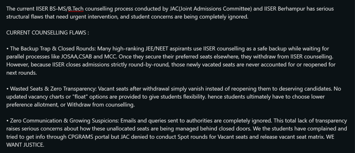 IAT2026's tweet photo. JUSTICE FOR IAT ASPIRANTS

I'm pranav Mishra. I created this account to address the unfair IISER counselling conducted by JAC. i will describe our problems and demands in images

@EduMinOfIndia @iiserbhopal @IISER_BERHAMPUR @IISERAdmissions @JoshiPralhad @PMOIndia @DARPG_GoI https://t.co/rVVNUXbNHT